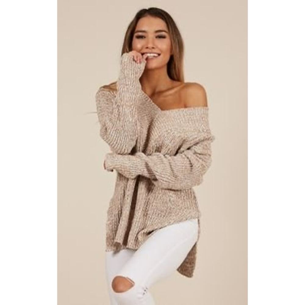 Showpo (S/M) Slouchy Knit Off Shoulder V Neck Sweater Cream Neutral Longline